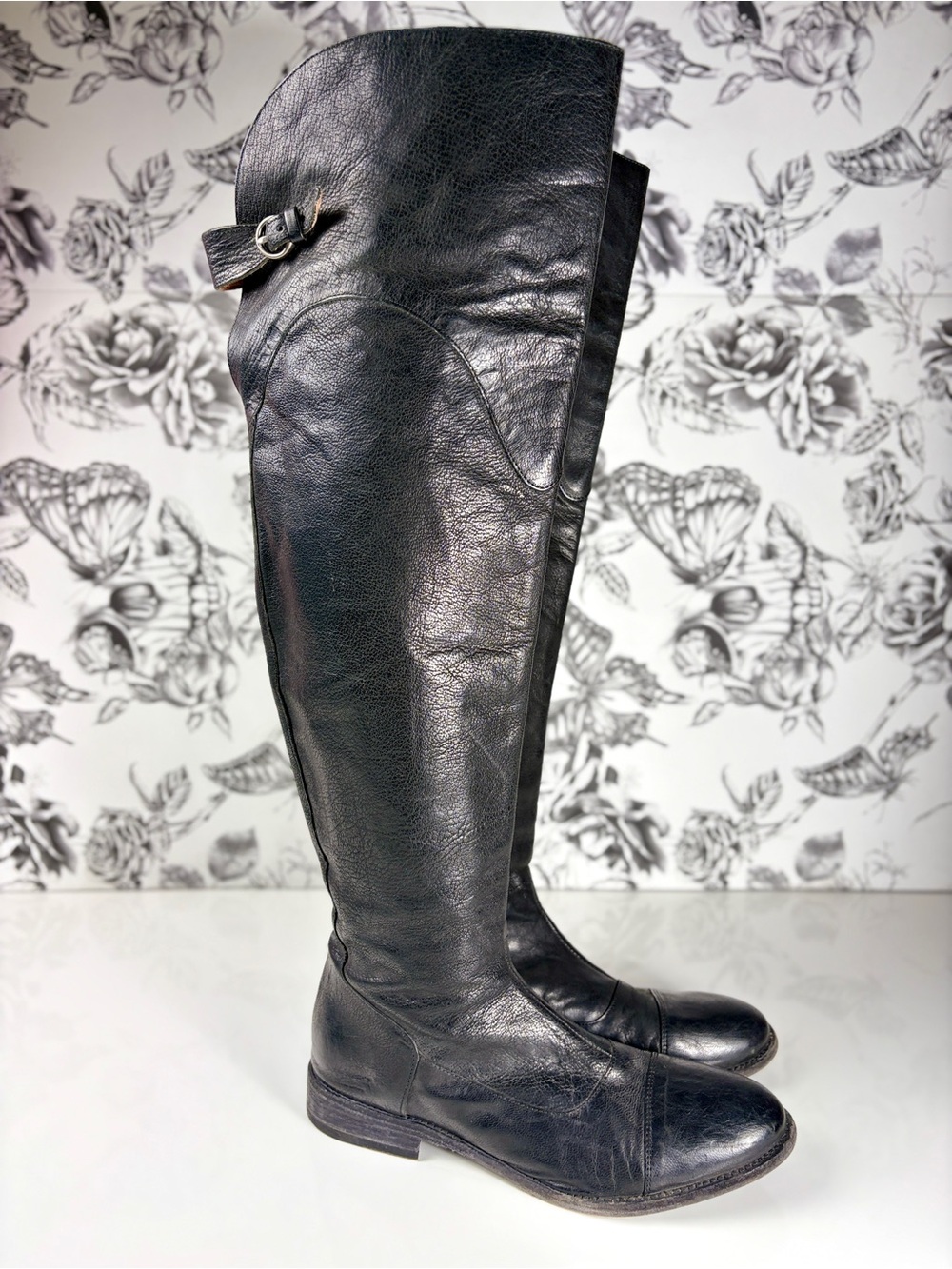All Saints Black Pebble Leather Over-The-Knee Equestrian-Inspired Boots Sz 40/10